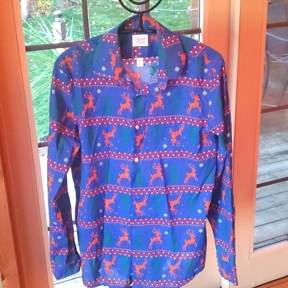 North Pole Christmas Time Holiday Reindeer Casual Button Up Long Slv Sz‎ M Shirt